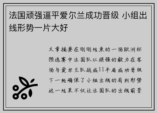 法国顽强逼平爱尔兰成功晋级 小组出线形势一片大好