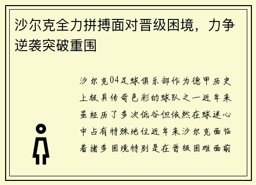 沙尔克全力拼搏面对晋级困境，力争逆袭突破重围
