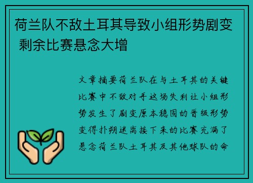 荷兰队不敌土耳其导致小组形势剧变 剩余比赛悬念大增