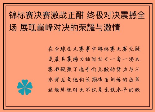 锦标赛决赛激战正酣 终极对决震撼全场 展现巅峰对决的荣耀与激情